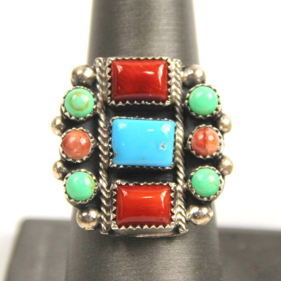 NATIVE AMERICAN ROIE JAQU STERLING & GEMSTONE STATEMENT RING - Picture 1 of 5